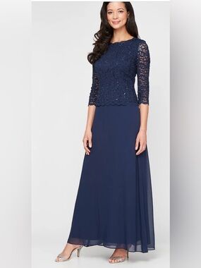 Alex Evenings, Long Gown with Sequin Lace Bodice & Chiffon Skirt